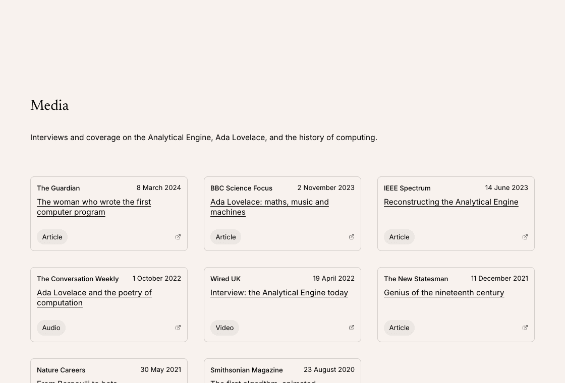 The Editor template's media page, listing press coverage and interviews.